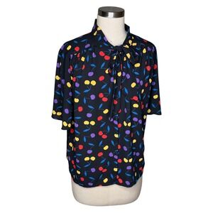 MODCLOTH Blouse Black Cherry Print Bow Neck Women's Medium Mod‎ Retro Colorful